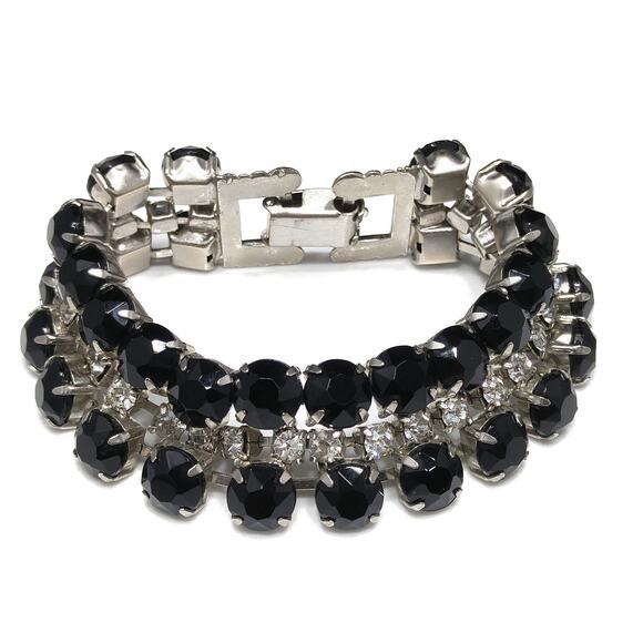Vintage Black & Clear Rhinestone Bracelet, Rhodium Plated, 1950s - Picture 2 of 10